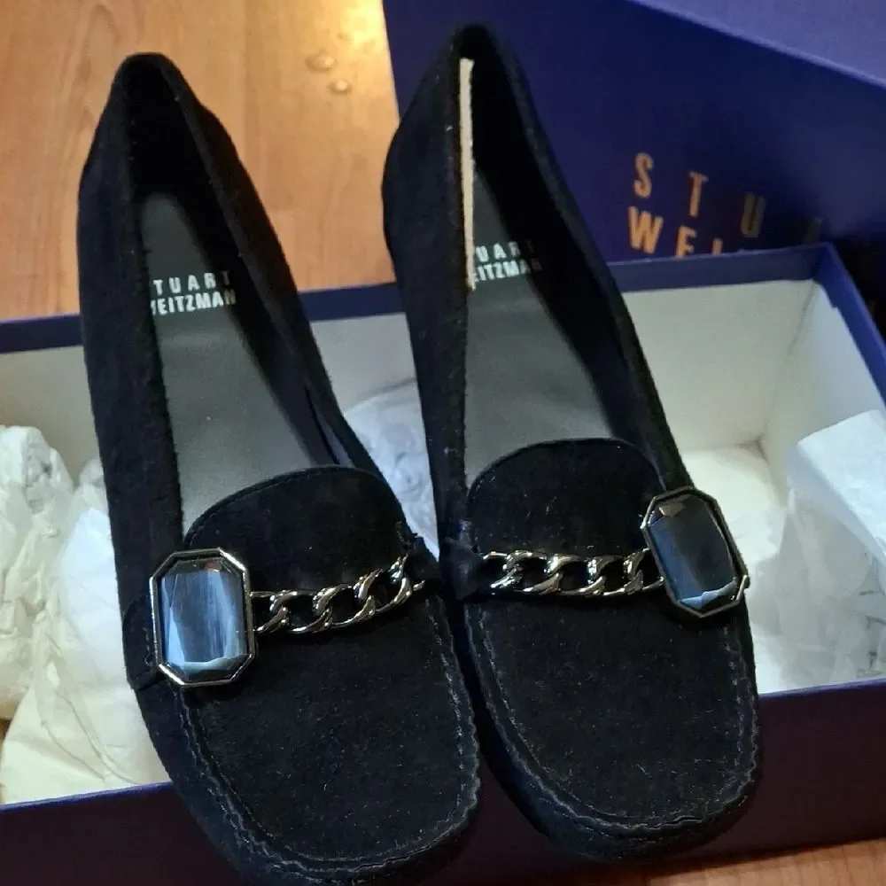 Stuart Weitzman Black Suede Loafers with Chain Detail